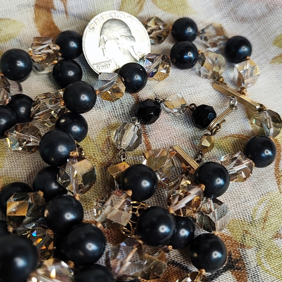Triple Strand Glass Crystal Smoke Aurora Borealis Vintage Beaded Necklace Black - Picture 7 of 10